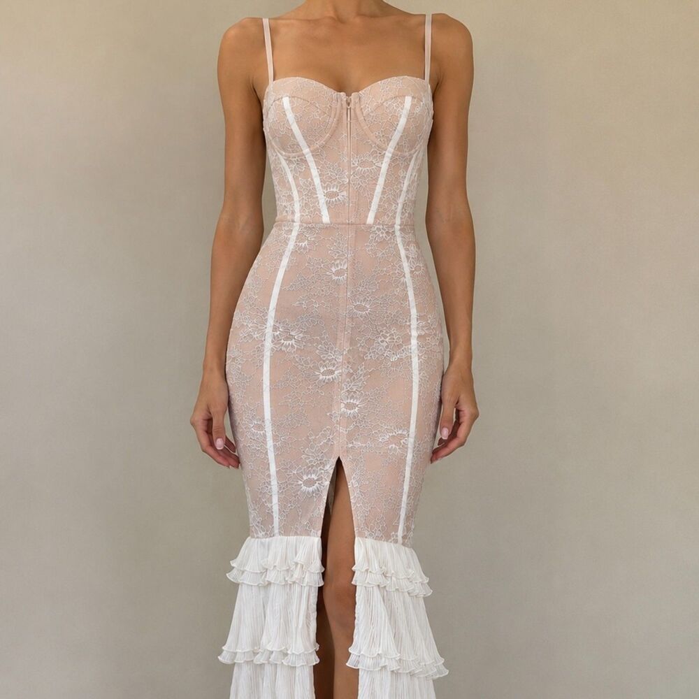Never worn Shein Nude Beige Ivory Lace Bodycon Midi Dress Corset Cocktail XS